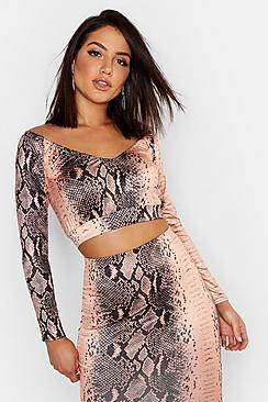 Boohoo Snake Print Off The Shoulder Crop Top