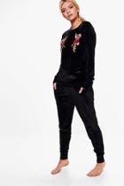 Boohoo Velour Embroidered Flower Badge Jogger Set Black