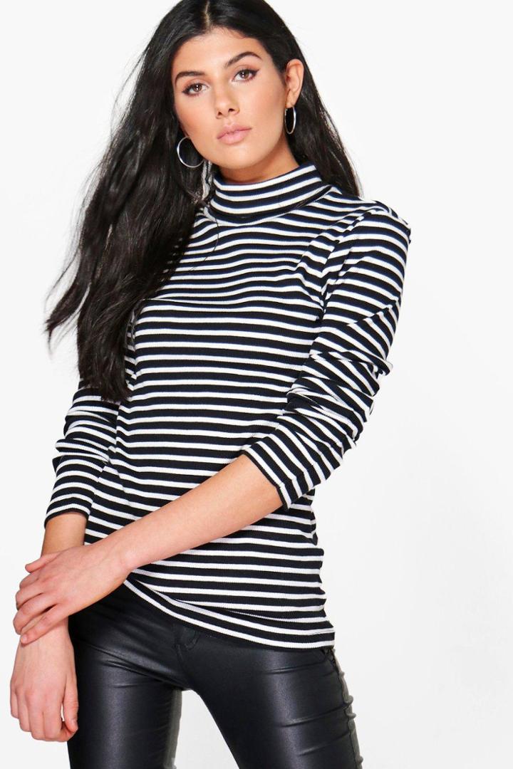 Boohoo Ivy Stripe Roll Neck Top Black