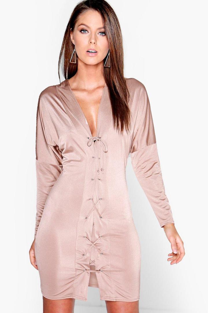 Boohoo Millie Slinky Lace Up Batwing Bodycon Dress Sand