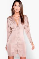 Boohoo Millie Slinky Lace Up Batwing Bodycon Dress Sand