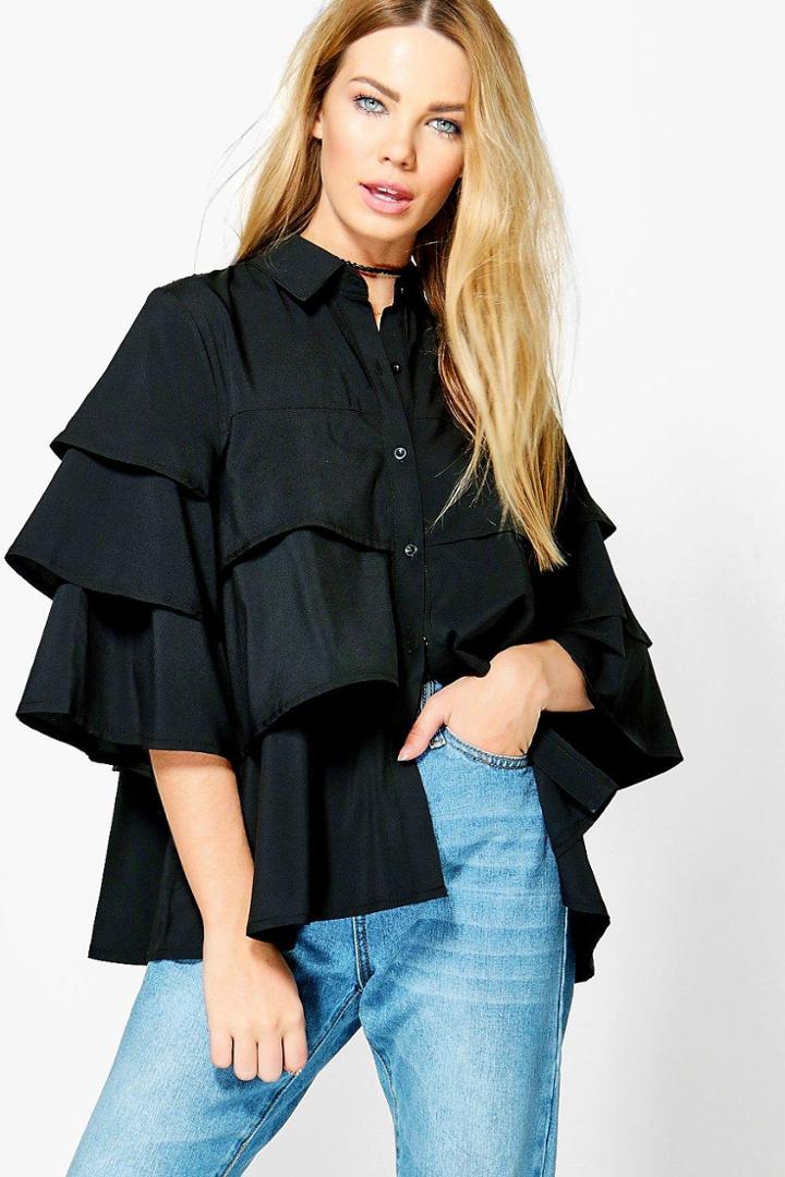 Boohoo Bethany Ruffle Tiered Shirt Black