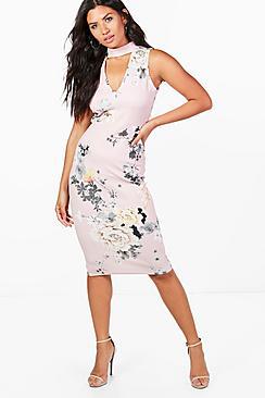 Boohoo Serena Floral Choker Midi Dress