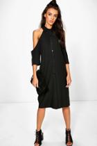 Boohoo Ushi Cold Shoulder Button Through Shirt Dress Black