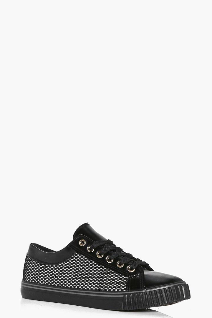 Boohoo Kate Mesh Insert Lace Up Trainer Black