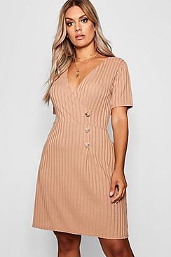 Boohoo Plus Horn Button Detail Rib Skater Dress