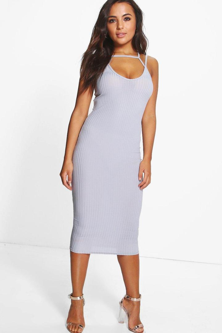 Boohoo Petite Lucia Strappy Ribbed Midi Dress Dove
