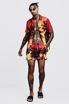 Boohoo Palm Tree Print Shirt & Swim Set