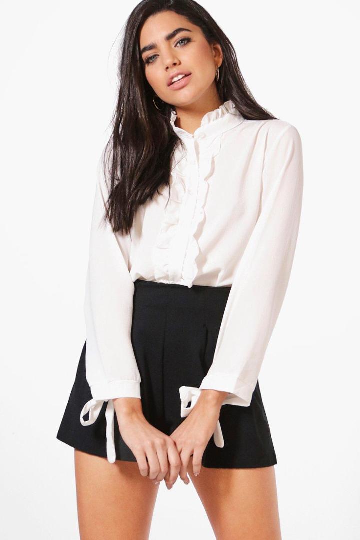 Boohoo Isabelle Ruffle Tie Cuff Shirt Cream