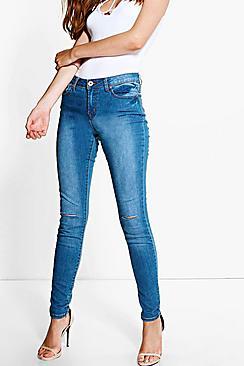 Boohoo Nia Mid Rise Blue Wash Slit Knee Skinny Jeans