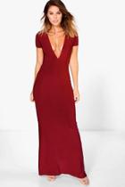 Boohoo Jess Slinky Deep Plunge Maxi Dress Berry