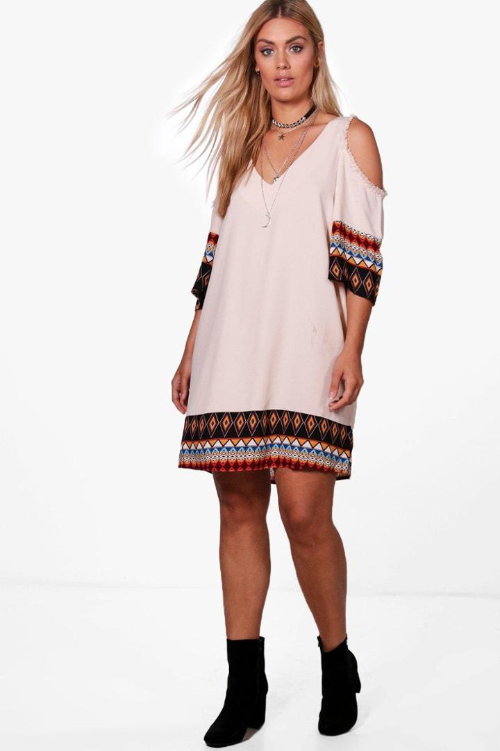 Boohoo Plus Betty Printed Open Shoulder Shift Dress Multi