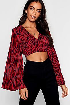 Boohoo Wrap Flare Sleeve Leopard Woven Crop Top