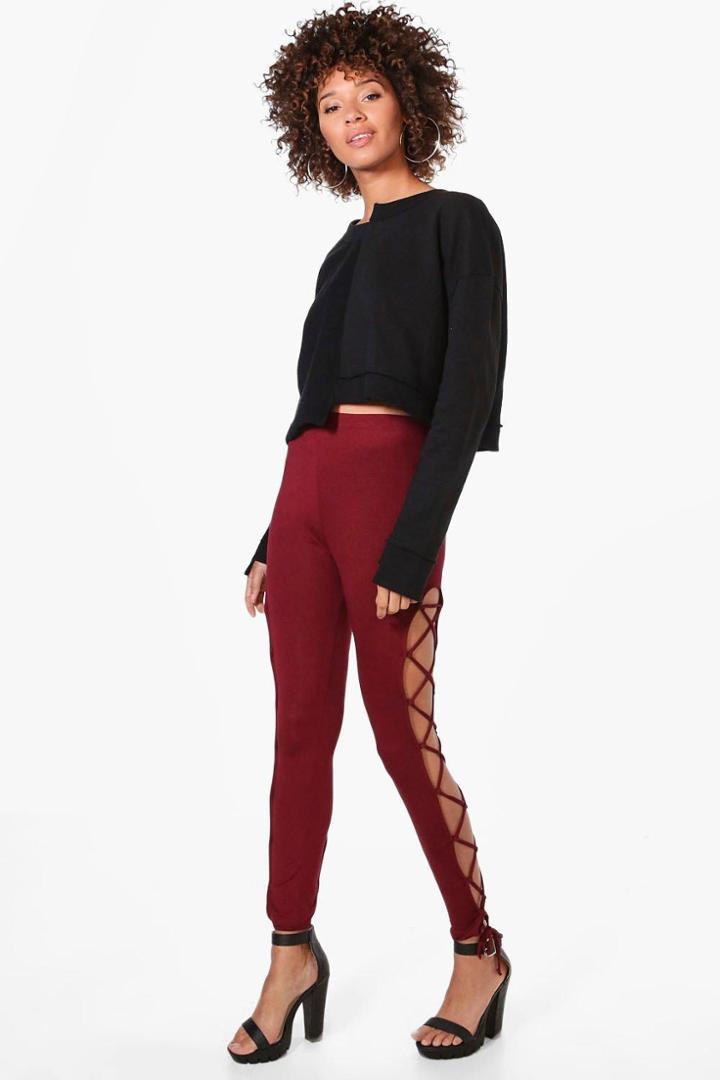 Boohoo Hudson Lace Up Side Jersey Leggings Burgundy