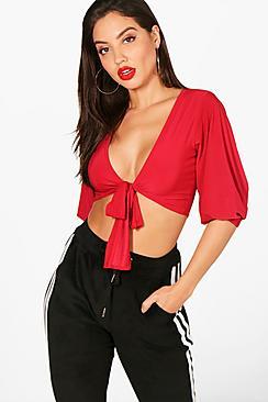 Boohoo Anisha Tie Front Balloon Sleeve Crop