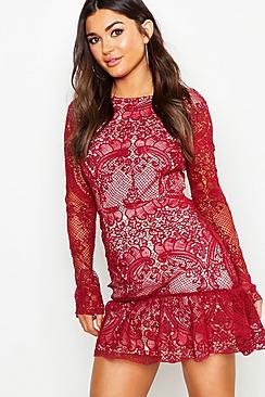 Boohoo Corded Lace Frill Hem Mini Dress