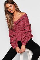 Boohoo Off The Shoulder Volume Sleeve Check Top