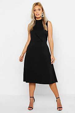 Boohoo Plus High Neck Asymmetric Midi Skater Dress