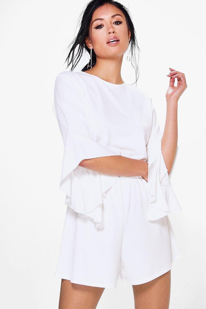 Boohoo Jenny Ruffle Sleeve Round Neck Playsuit Ivory