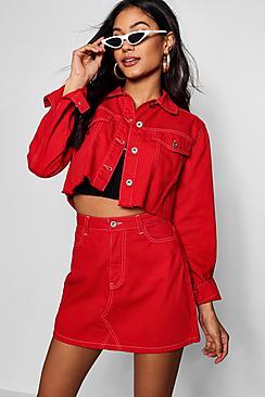 Boohoo Red Distressed Denim Mini Skirt