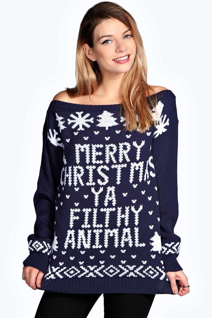 Boohoo Violet Slash Neck Filthy Animal Christmas Jumper Navy