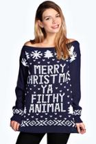 Boohoo Violet Slash Neck Filthy Animal Christmas Jumper Navy