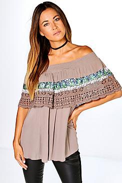 Boohoo Belle Sequin Trim Crochet Bardot Top