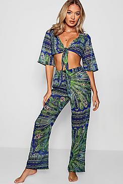 Boohoo Nadia Scarf Print Tie Front Top Trouser Beach Co-ord