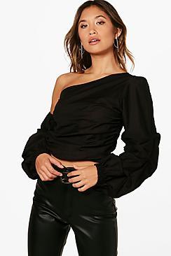 Boohoo One Shoulder Ruched Sleeve Top
