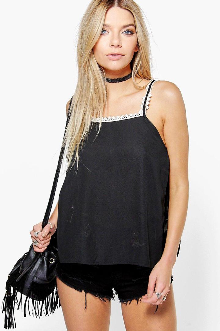 Boohoo Rose Side Tie Crochet Trim Cami Black