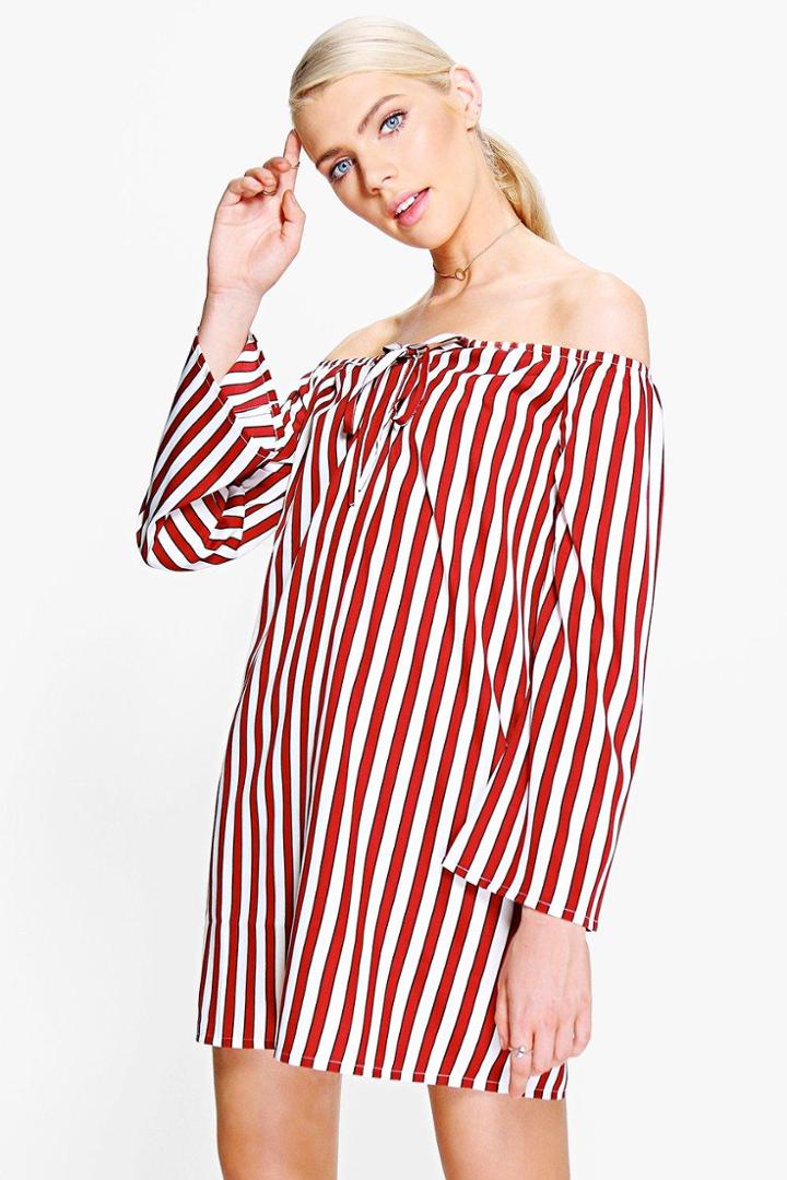 Boohoo Lottie Stripe Off Shoulder Shift Dress Multi