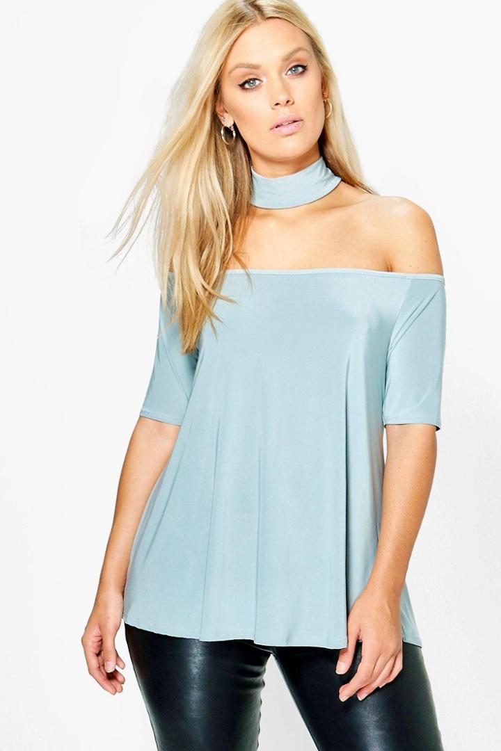 Boohoo Plus Ava Slinky Open Shoulder Top Grey