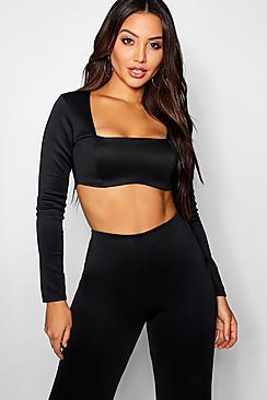 Boohoo Long Sleeve Square Neck Crop Top