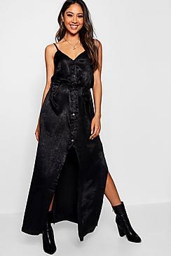 Boohoo Nicole Hammered Satin Button Maxi Dress