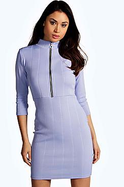 Boohoo Tara Zip Turtle Neck Rib Bodycon Dress
