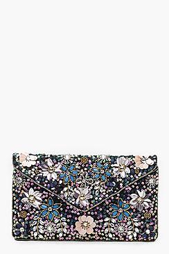 Boohoo Leah Premium Floral Embellished Chain Clutch