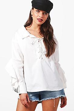 Boohoo Poppy Lace Up Ruffle Sleeve Shirt