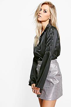 Boohoo Mollie Lace Up Sleeve Satin Shirt