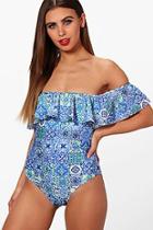 Boohoo Petite Elena Frill Detail Bardot Tile Print Swimsuit