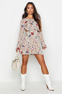 Boohoo Floral Frill Open Back Skater Dress