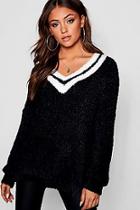 Boohoo V-neck Oversized Sports Stripe Feather Knit Jumper