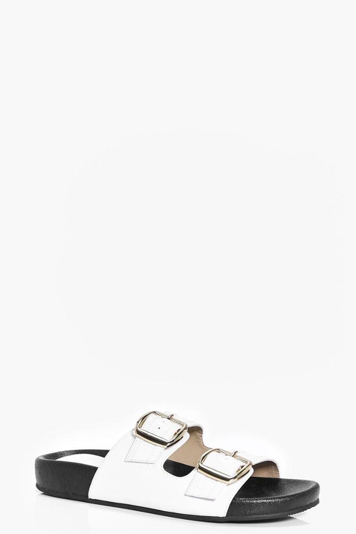 Boohoo Rose Patent Double Buckle Slider Flat White