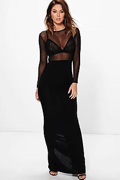 Boohoo Eve Sheer Mesh Detail Slinky Maxi Dress