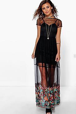 Boohoo Petite Polly Embroidered Hem Mesh Maxi Dress