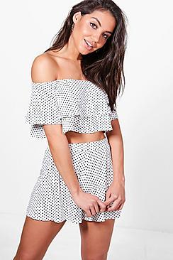 Boohoo Polka Dot Off Shoulder Crop & Short Co-ord