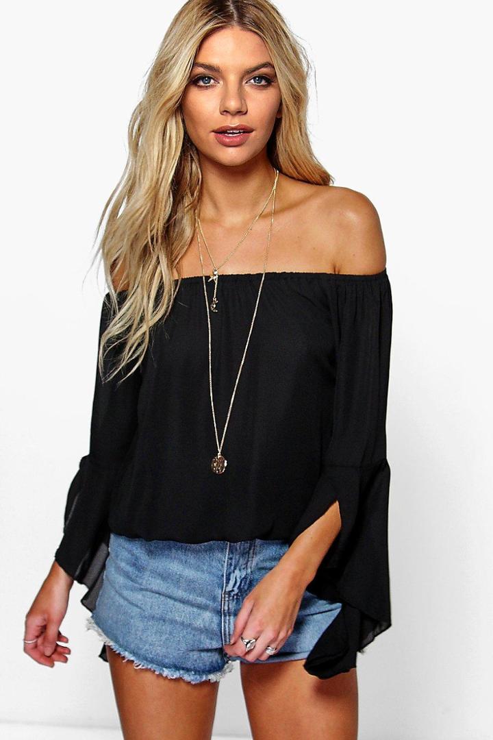 Boohoo Maya Fluted Frill Sleeve Off The Shoulder Top Black