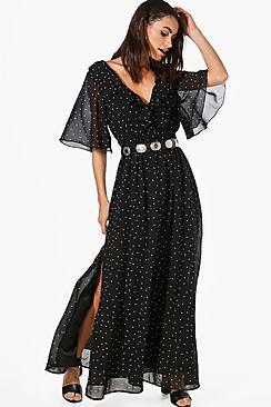 Boohoo Hester Polka Dot Ruffle Wrap Maxi Dress