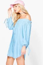 Boohoo Beth Off The Shoulder Denim Dress Blue