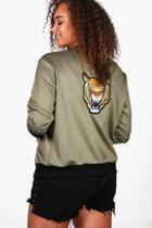 Boohoo Plus Emma Tiger Embroidered Bomber Jacket Khaki
