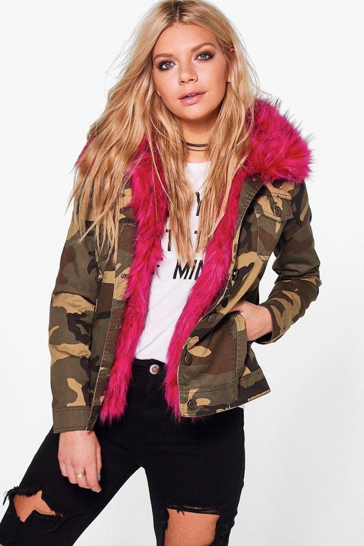 Boohoo Phoebe Faux Fur Trim Camo Parka Fuchsia